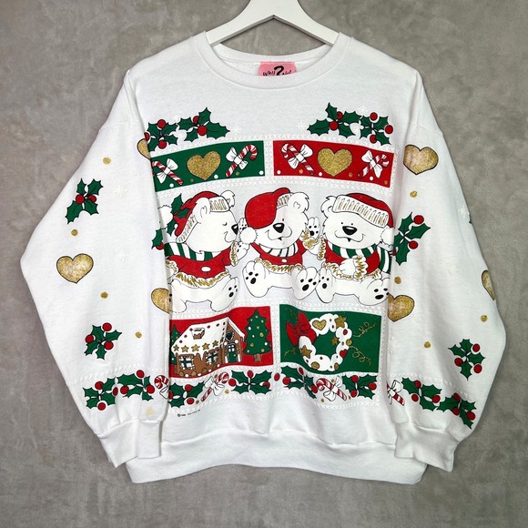 Why Not Sweaters - Vintage 90s WHY NOT Teddy Bear Christmas Sweatshirt White Sz 20W Santa Hat